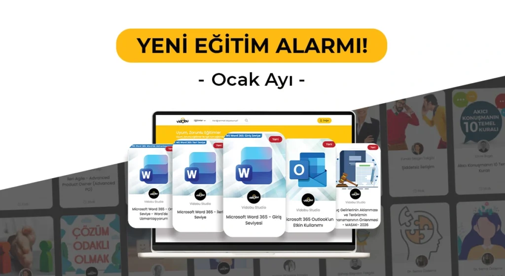 LMS platformunda Ocak ayına ait yeni eklenen kurumsal eğitimleri gösteren eğitim içerik ekranı